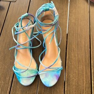 Allegra K Women's Tie Dye Lace-Up Strappy Kitten Heels Sandals